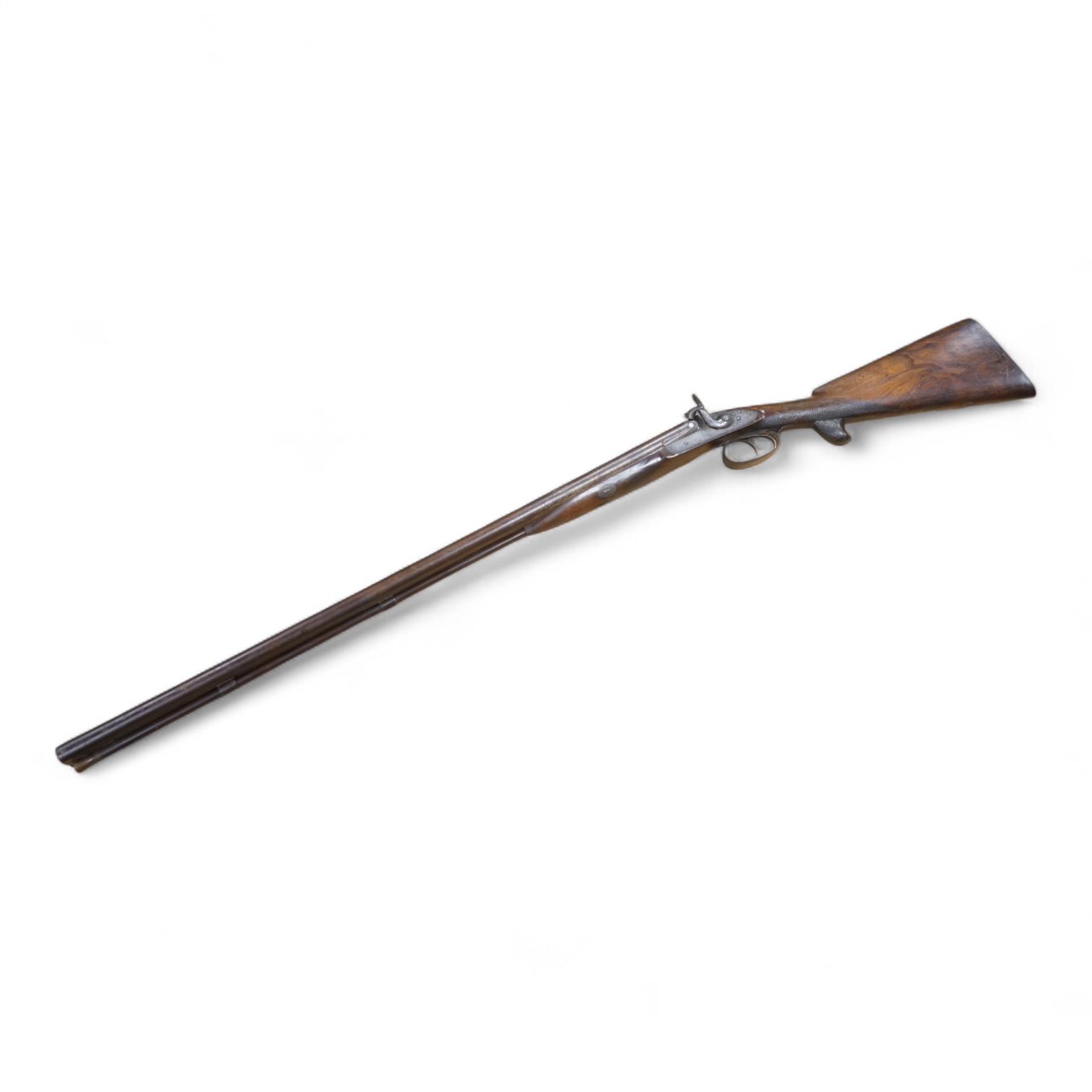 A double barrel 12 bore percussion sporting gun, signed Cocksedge, Hadleigh, with engraved locks and iron furniture, half stocked chequered grip with finger support in wood above guard